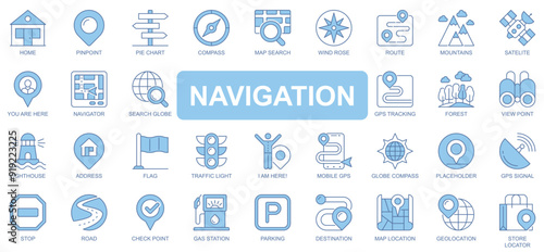 Navigation icons set in duotone outline stroke design for web. Pack pictograms of home, pin point, compass, map, search, wind rose, route, mountains, gps tracking, forest, other. Vector illustration.