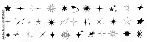 Set of star shapes. Retro futuristic sparkle icons collection. Vector set of Y2K style.