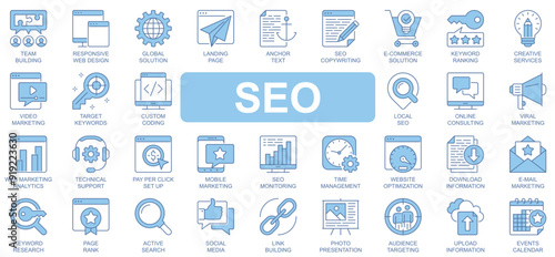SEO icons set in duotone outline stroke design for web. Pack pictograms of team building, global solution, landing page, copywriting, e-commerce, ranking, creative service, other. Vector illustration.