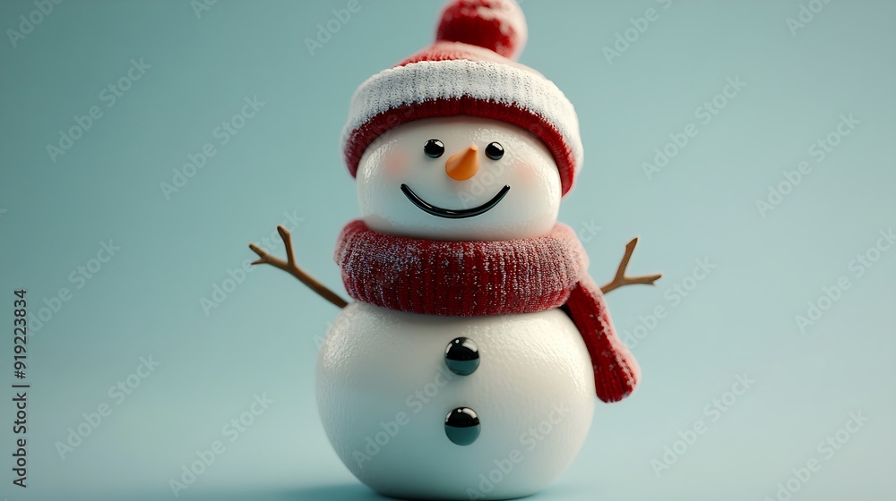 A cheerful snowman with a red hat and scarf, smiling against a light blue background. A cheerful snowman with a red hat and scarf, smiling against a light blue background.