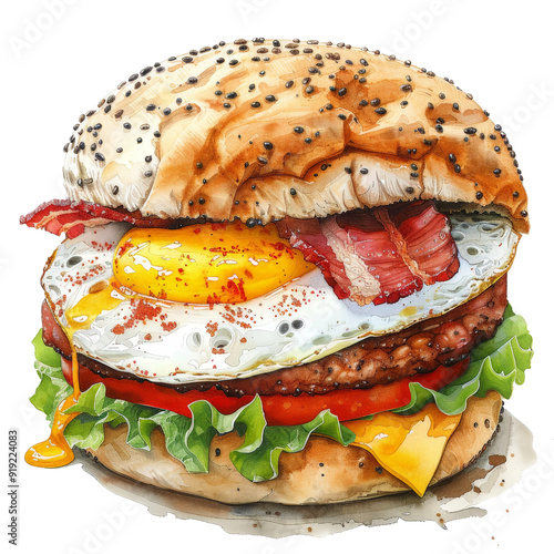 Watercolor breakfast sandwich, eggs, bacon, and cheese, detailed and vibrant, isolated on white background photo