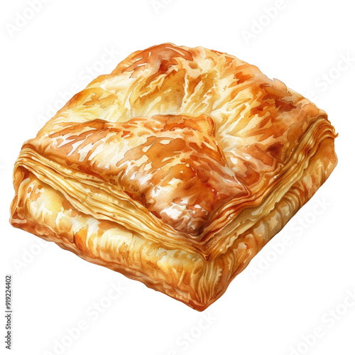 Watercolor puff pastry, bakery treat, golden and flaky, detailed and realistic, isolated on white background photo