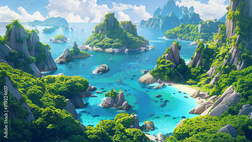 Raja Ampat Islands Aerial View Environment Cartoon Illustration Tropical Islands Stunning Aerial Perspective Vibrant Coral Reefs Clear Blue Water Scenic Archipelago Remote Paradise