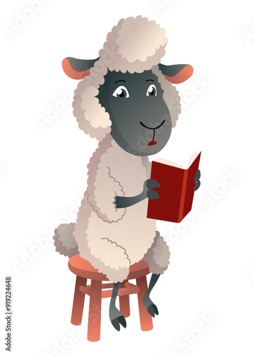 Baby animal reading book. Cute cartoon animal. Smart funny character studying literature. Hand drawn vector illustration