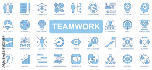 Teamwork icons set in duotone outline stroke design for web. Pack pictograms of team, planning, connection, cooperation, optimization, work group, solution, motivation, other. Vector illustration.