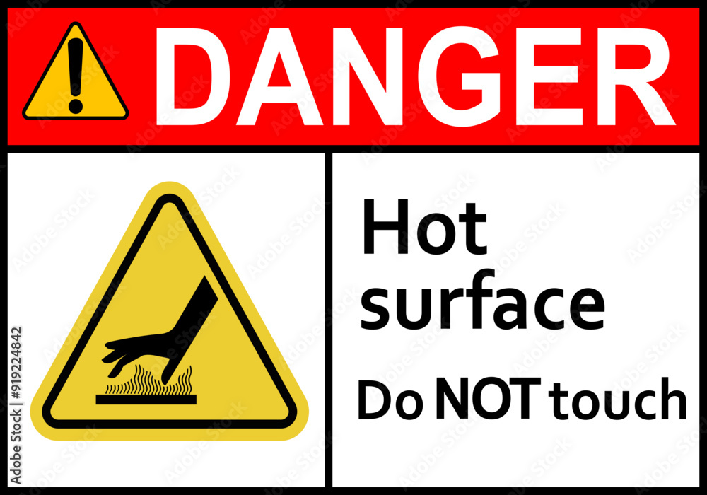 Hot surface sign. Surfaces that can cause burns on contact. Warns workers and visitors to avoid contact with hot surfaces. Do not touch. High surface temperature. Do not contact. Caution, risk burns. Hot surface sign. Surfaces that can cause burns on contact. Warns workers and visitors to avoid contact with hot surfaces. Do not touch. High surface temperature. Do not contact. Caution, risk burns.