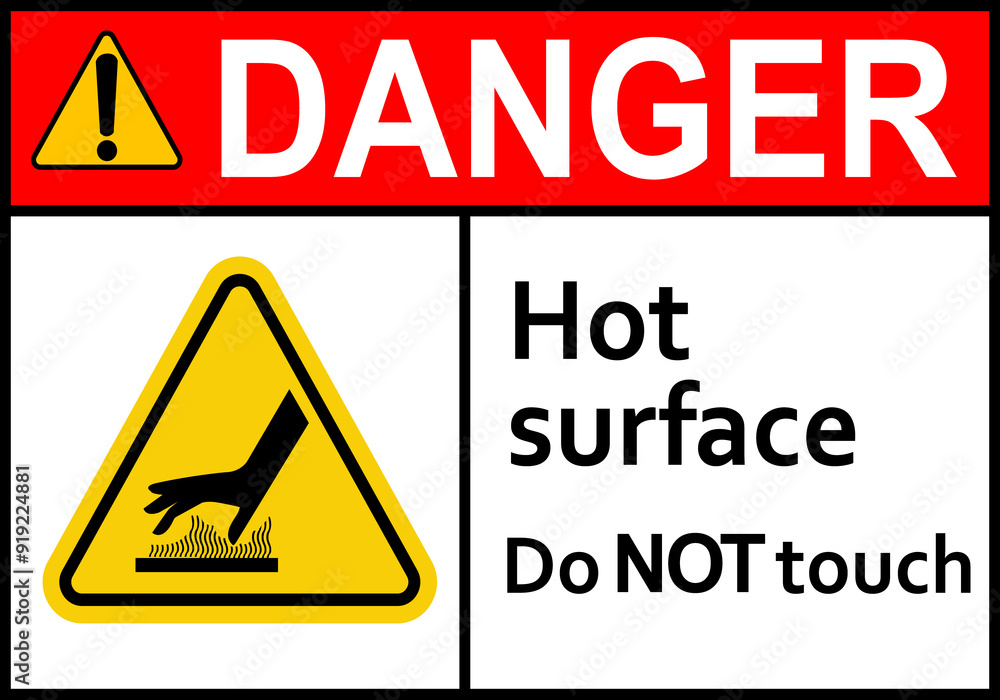 Hot surface sign. Surfaces that can cause burns on contact. Warns workers and visitors to avoid contact with hot surfaces. Do not touch. High surface temperature. Do not contact. Caution, risk burns. Hot surface sign. Surfaces that can cause burns on contact. Warns workers and visitors to avoid contact with hot surfaces. Do not touch. High surface temperature. Do not contact. Caution, risk burns.
