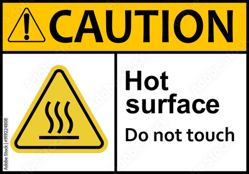 Hot surface sign. Surfaces that can cause burns on contact. Warns workers and visitors to avoid contact with hot surfaces. Do not touch. High surface temperature. Do not contact. Caution, risk burns.