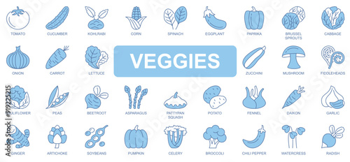 Veggies icons set in duotone outline stroke design for web. Pack pictograms of tomato, cucumber, corn, spinach, paprika, brussel sprouts, cabbage, onion, carrot, mushroom, other. Vector illustration.