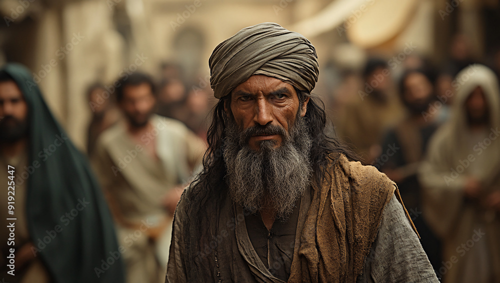 Old man in ancient Jerusalem amidst modern crowds, cinematic scene Old man in ancient Jerusalem amidst modern crowds, cinematic scene