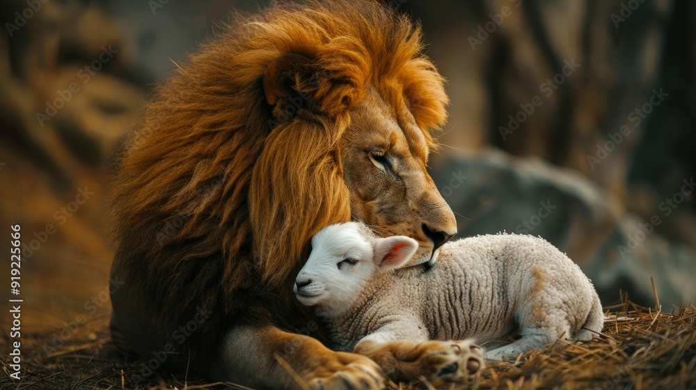 Fototapeta premium Lion and lamb cuddling peacefully in a serene setting during golden hour