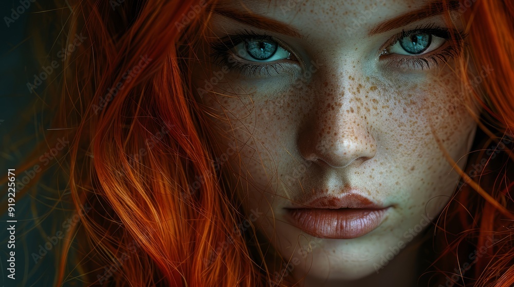 Portrait of a woman with radiant red hair and striking blue eyes, captured in soft light Portrait of a woman with radiant red hair and striking blue eyes, captured in soft light