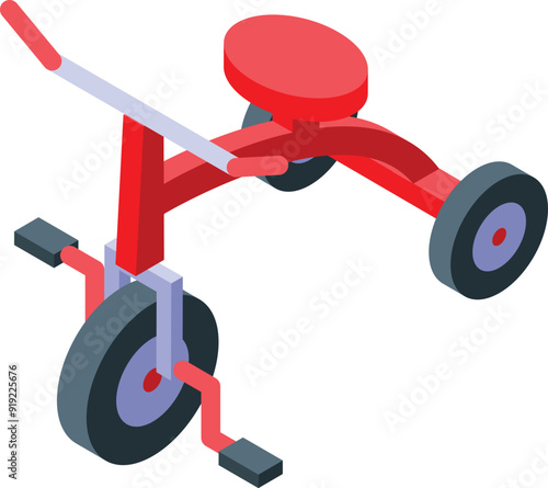 Red pedal tricycle standing on white background, isometric view