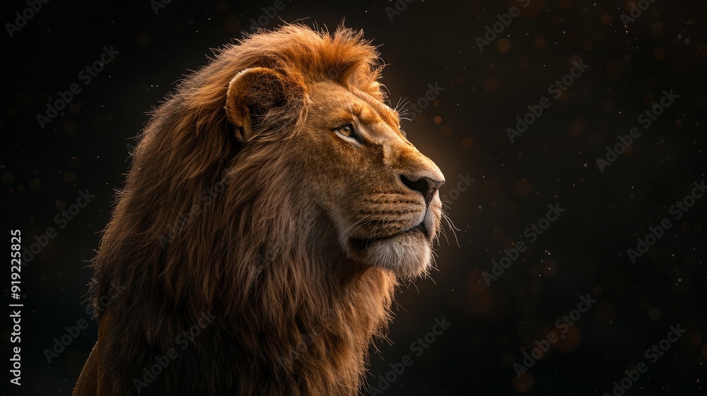 Fototapeta premium Majestic lion gazing into the distance against a dark background during twilight