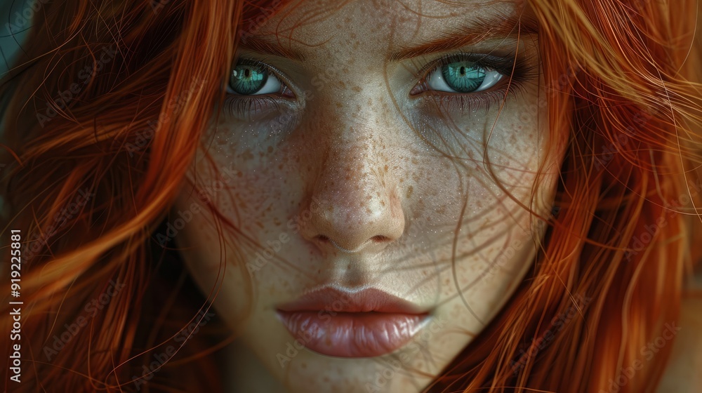 Young woman with striking red hair and blue eyes surrounded by wind-blown strands at sunset Young woman with striking red hair and blue eyes surrounded by wind-blown strands at sunset