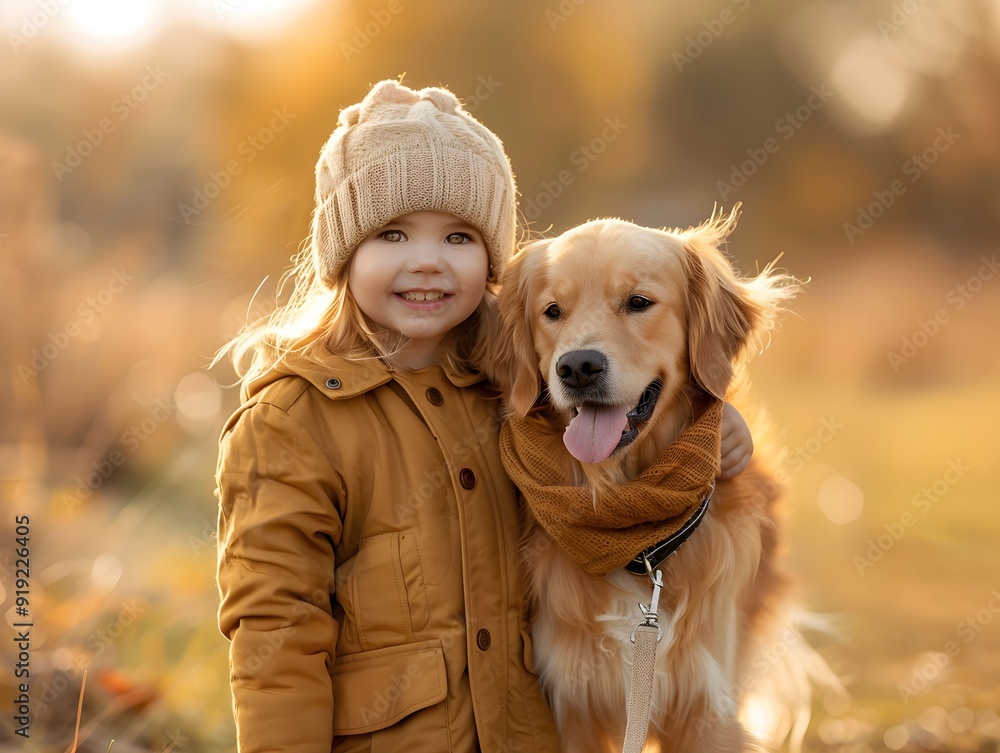 Child and golden retriever enjoy a sunny autumn day in a park, wearing cozy hats and scarves Child and golden retriever enjoy a sunny autumn day in a park, wearing cozy hats and scarves