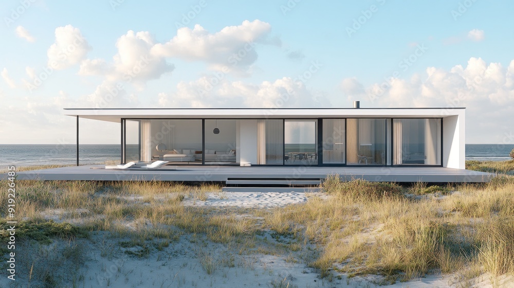 Modern minimal house, dark tone in nature by ocean, AI generated for Ads Modern minimal house, dark tone in nature by ocean, AI generated for Ads