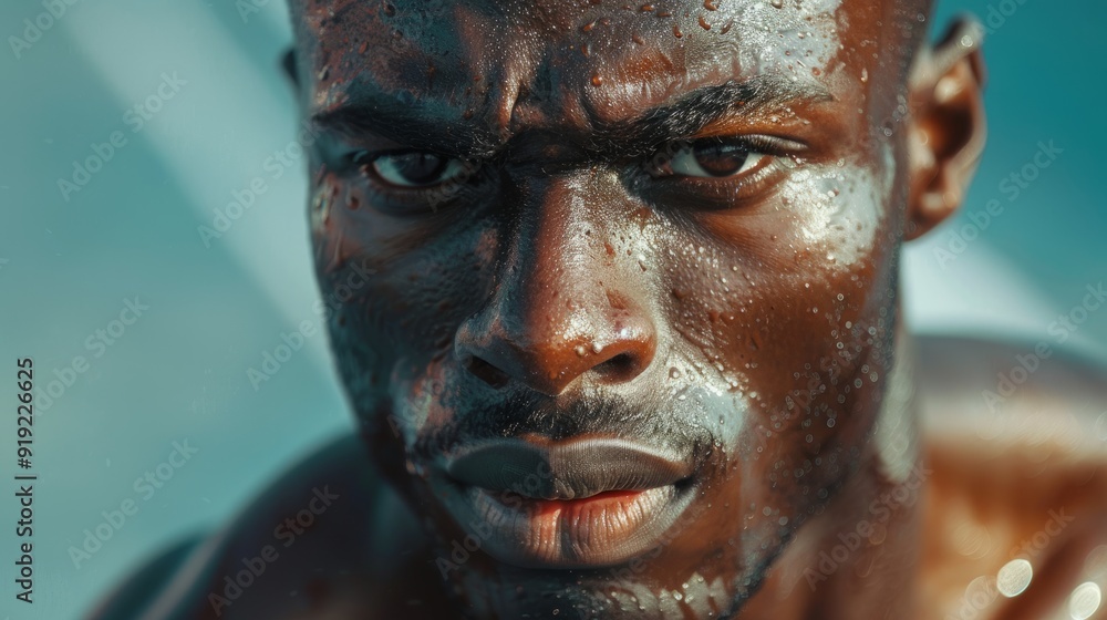 Close-up of a determined athlete with sweat glistening on their skin during outdoor training Close-up of a determined athlete with sweat glistening on their skin during outdoor training