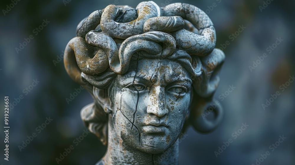 Ancient marble sculpture of a figure with serpentine hair, captured in a dimly lit garden Ancient marble sculpture of a figure with serpentine hair, captured in a dimly lit garden