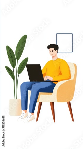 A man works on a laptop while sitting comfortably in an armchair, surrounded by indoor plants and a serene atmosphere.