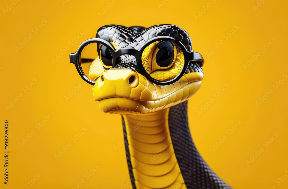 Fototapeta premium whimsical snake with glasses on bold yellow background. lighthearted and quirky animal illustration