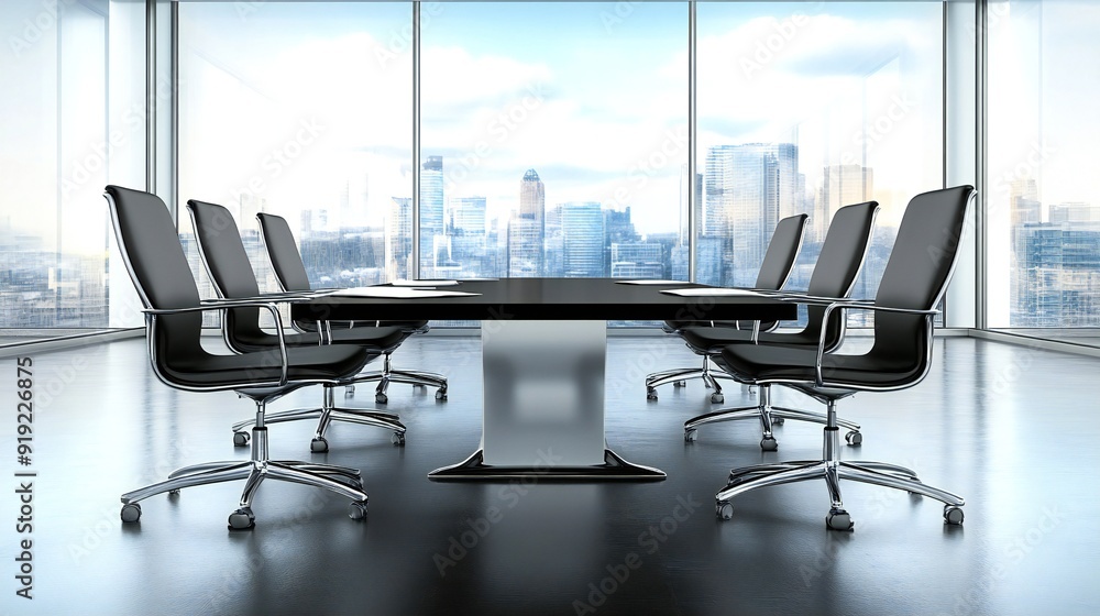 Modern corporate boardroom with sleek black table and chairs, minimalist design with natural light Modern corporate boardroom with sleek black table and chairs, minimalist design with natural light