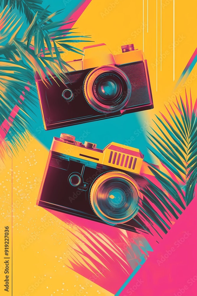 Obraz premium Two vintage cameras and palm leaves on a bright yellow, pink, and blue background.