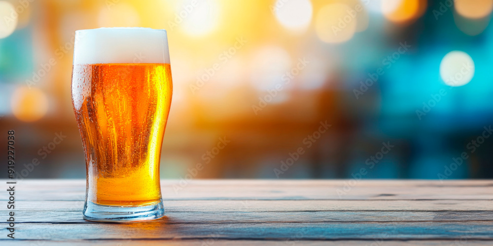 A refreshing glass of beer with a perfect foam head, sitting on a wooden table against a dreamy, blurred background of festive lights. Ideal for beer enthusiasts and festival promotions, this image em A refreshing glass of beer with a perfect foam head, sitting on a wooden table against a dreamy, blurred background of festive lights. Ideal for beer enthusiasts and festival promotions, this image em