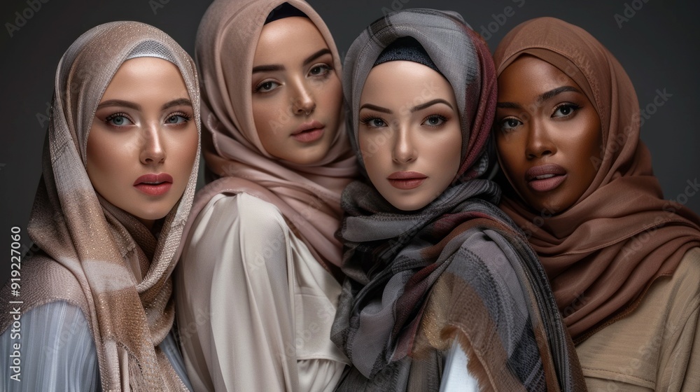 Four women wearing different colored scarves are posing for a photo Four women wearing different colored scarves are posing for a photo