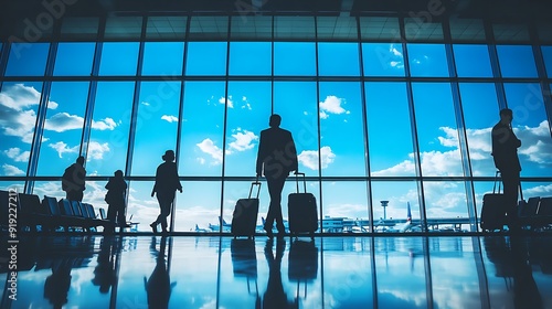 Passengers in silhouette with luggage at busy airport terminal, reflections on shiny floor, travel vibes