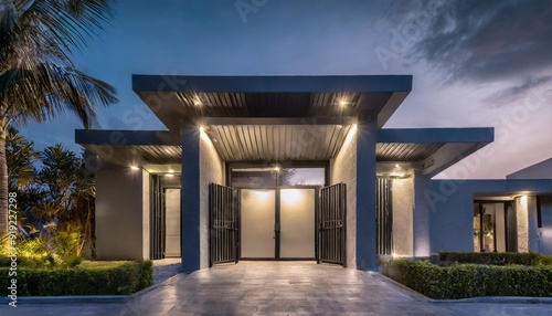 Modern minimalist styles front gate in modern styles house in the dark night Stock Photo and fount view 