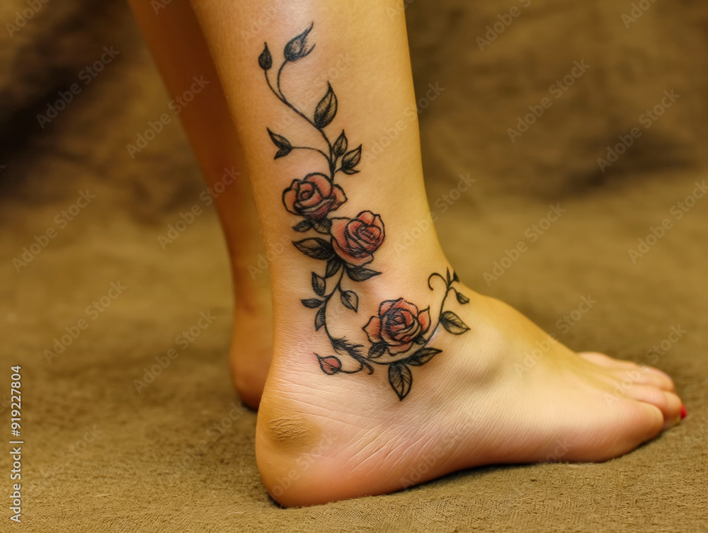 A woman's foot has a tattoo of three roses on it. The roses are arranged in a vine-like pattern, with one rose on the left, one in the middle, and one on the right