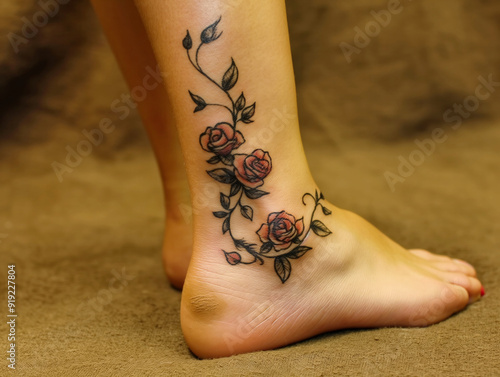 Obraz na płótnie A woman's foot has a tattoo of three roses on it. The roses are arranged in a vine-like pattern, with one rose on the left, one in the middle, and one on the right w salonie