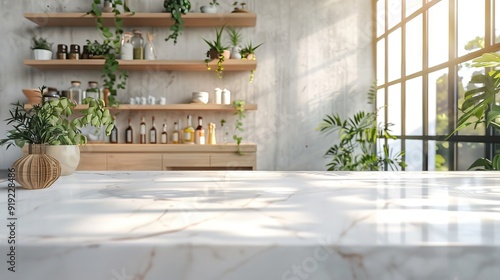 Wallpaper Mural Empty kitchen island with marble surface in foreground, green vintage countertop with drawers and pendant lights hanging above. AI generated illustration Torontodigital.ca
