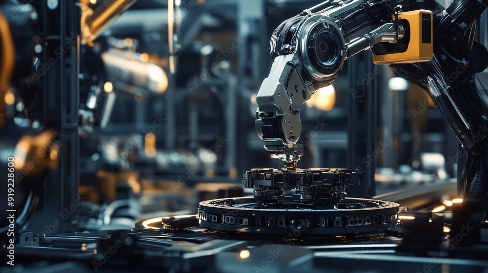 Fototapeta premium Precision Engineering: Robotic Arm Assembling Advanced Machinery in Futuristic Factory