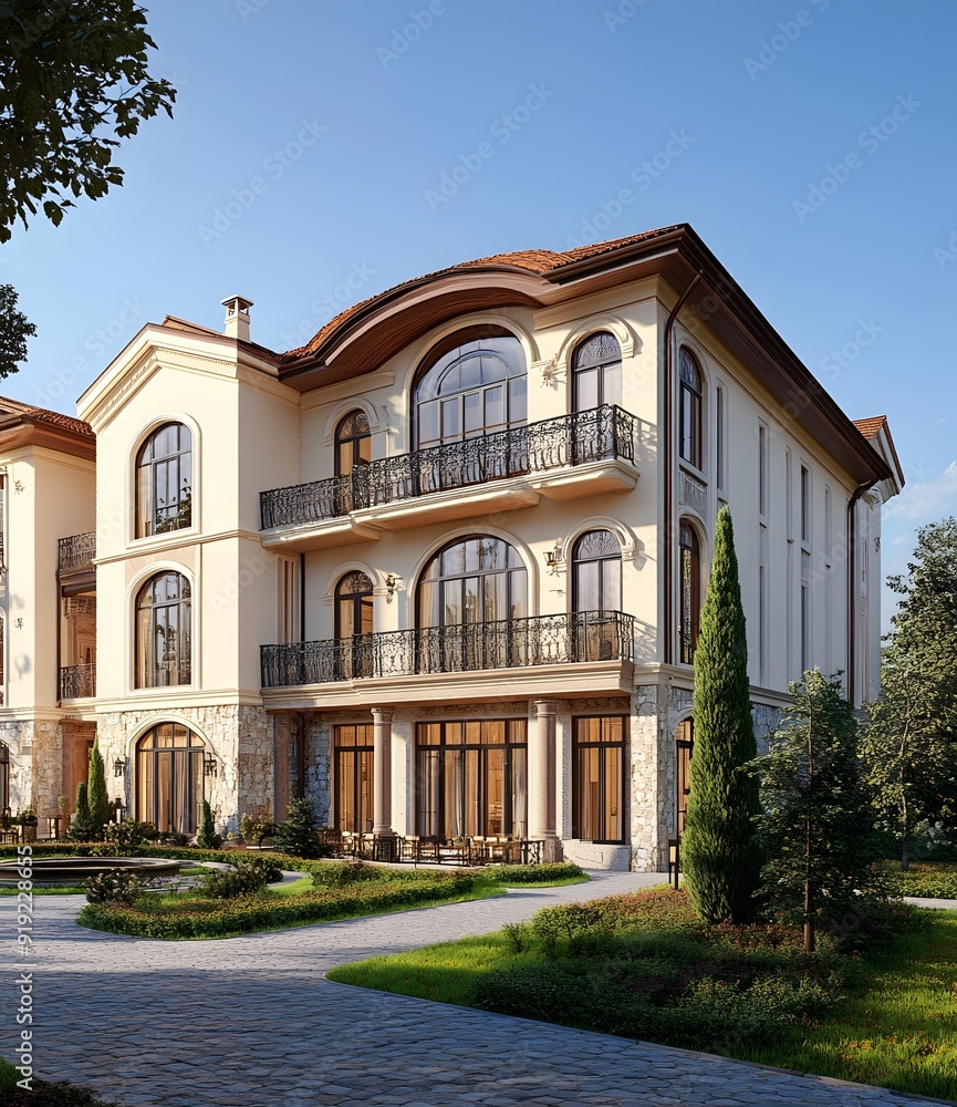 Luxury Villa Exterior With Stone Walls and Balconies Luxury Villa Exterior With Stone Walls and Balconies