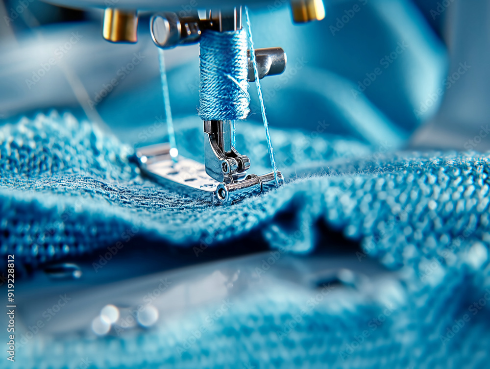 A blue sweater is being sewn with a sewing machine. The blue color of the sweater and the machine creates a calming and soothing mood