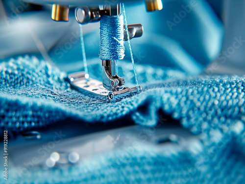Obraz na płótnie A blue sweater is being sewn with a sewing machine. The blue color of the sweater and the machine creates a calming and soothing mood w salonie