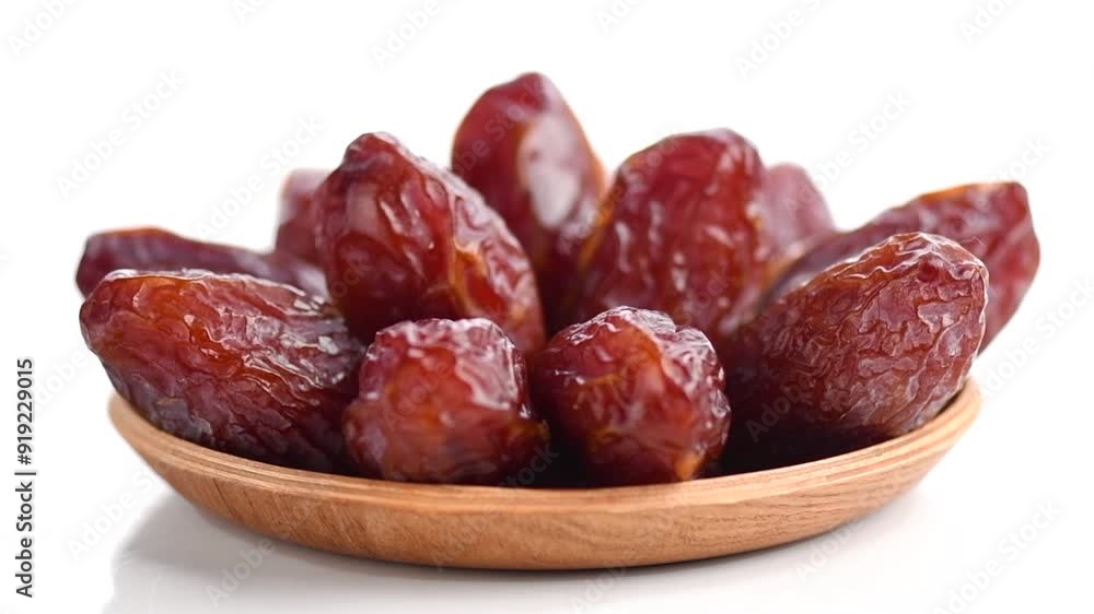 Dates fruit. Date fruits isolated on white background. Heap of Medjool dates rotating in wooden bowl close up. Tasty and healthy vegan food. Close up. Dates fruit. Date fruits isolated on white background. Heap of Medjool dates rotating in wooden bowl close up. Tasty and healthy vegan food. Close up.