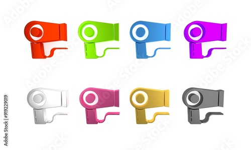 Colorful Hair dryer icon isolated on white background. Hairdryer sign. Hair drying symbol. Blowing hot air. Minimalism concept. 3D render illustration