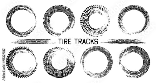 Grunge circle tire tracks, wheel braking marks. Truck, car or motorcycle tread pattern silhouettes. Auto race, motorsport, speed racing design element. Vector illustration