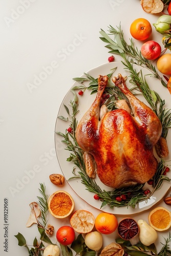 A beautifully roasted Thanksgiving turkey is presented on a white platter with garnishes of herbs and citrus fruits. photo