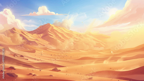Sand Storm Desert Cartoon Illustration Whirling Winds Golden Sands Swirling Dust Intense Weather Harsh Environment Blowing Sand Eerie Atmosphere Dramatic Scene Barren Landscape