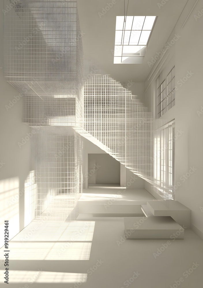 Fototapeta premium White Modern Minimalist Interior Design With Geometric Wire Mesh Staircase