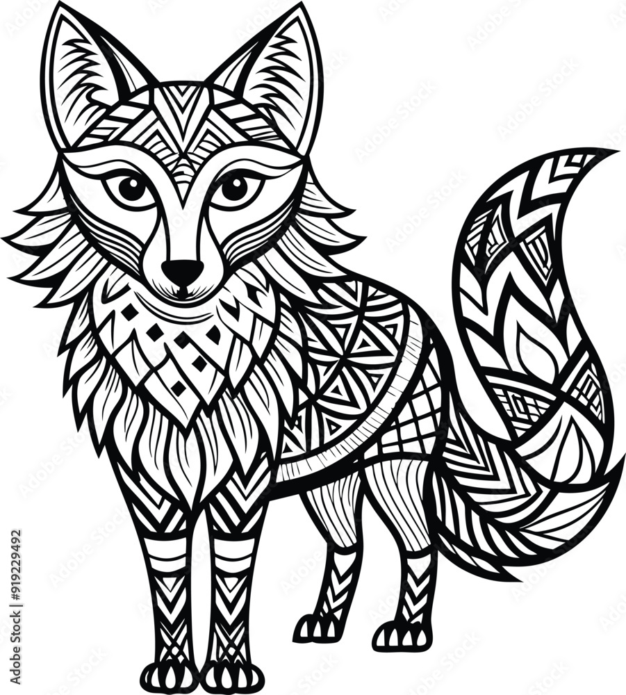 Obraz premium Tribal Fox Outline Art with Boho Patterns, Black and White High Detail, Thin Line Maximalist Design
