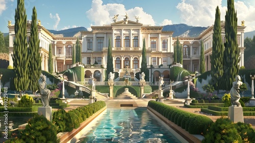 Wallpaper Mural Beautiful view of the lake and mountains from the blooming garden. Digital collage. Wallpaper. Poster design. Gazebo with a fountain. AI generated illustration Torontodigital.ca