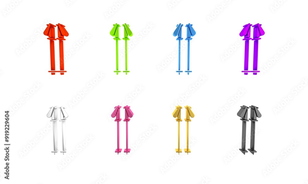 Colorful Ski poles icon isolated on white background. Extreme sport. Skiing equipment. Winter sports icon. Minimalism concept. 3D render illustration Colorful Ski poles icon isolated on white background. Extreme sport. Skiing equipment. Winter sports icon. Minimalism concept. 3D render illustration