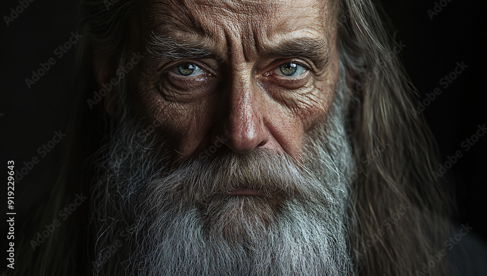 Elderly man with long beard in medieval attire, close-up Elderly man with long beard in medieval attire, close-up