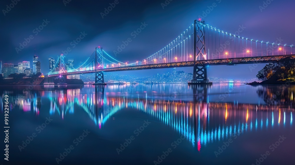 Fototapeta premium Low angle view of illuminated bridge at night. AI generated illustration