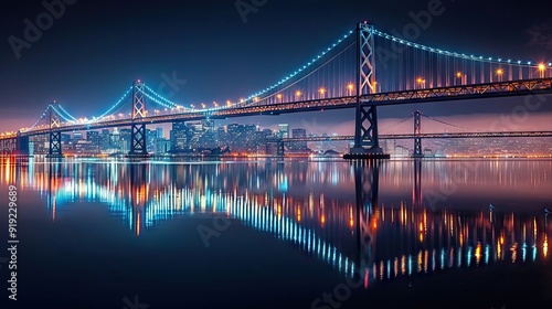 Low angle view of illuminated bridge at night. AI generated illustration